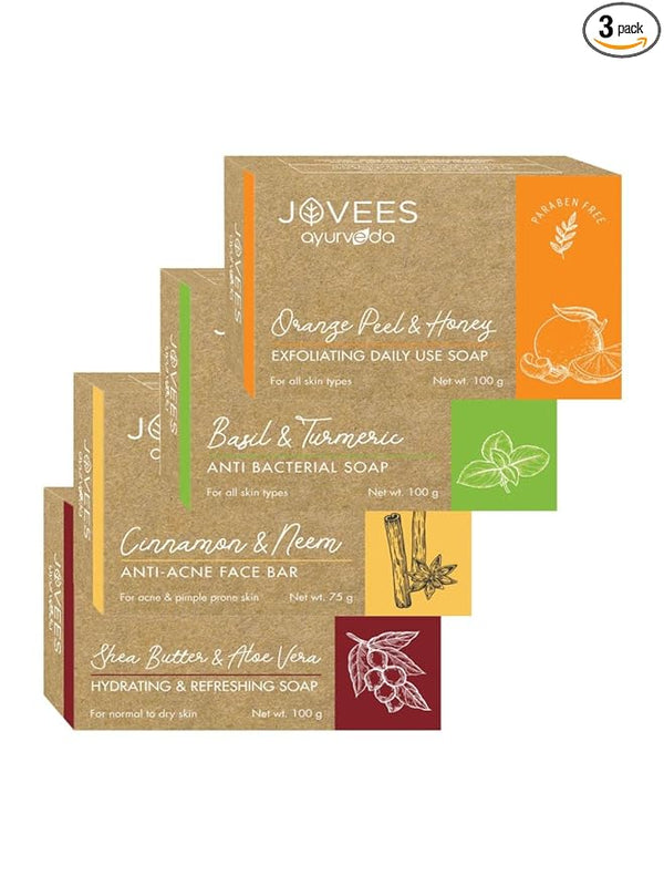Jovees Herbal Orange Peel & Honey Soap 100 gms, Basil Turmeric Anti Bacterial 100 gms, Cinnamon & Neem Anti Acne Face Bar 75 gms, Shea Butter & Aloe Vera Hydrating 100 gms Soap (Combo 4)