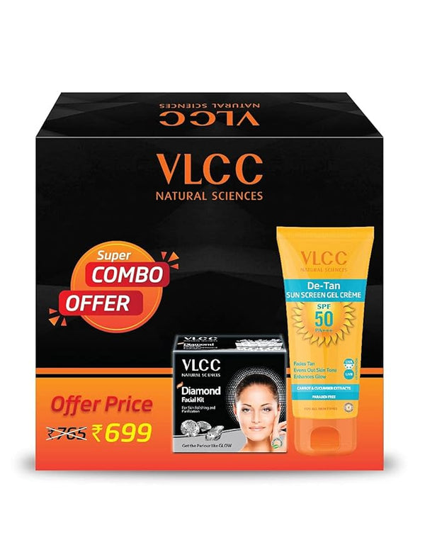 VLCC Diamond Facial Kit (60gm) & De Tan SPF 50 PA+++ Sunscreen Gel (100gm)