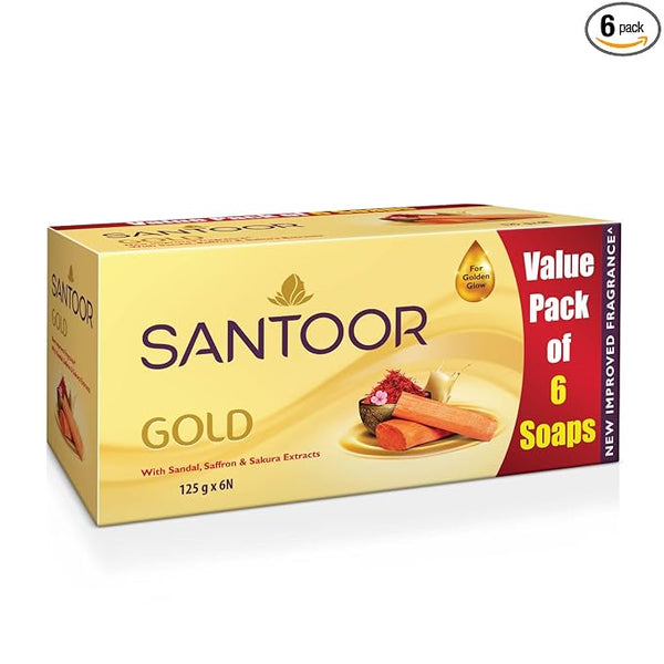 Santoor Gold Soap with Saffron, Sandal & Sakura Extracts - 125 gms(Pack of 6)