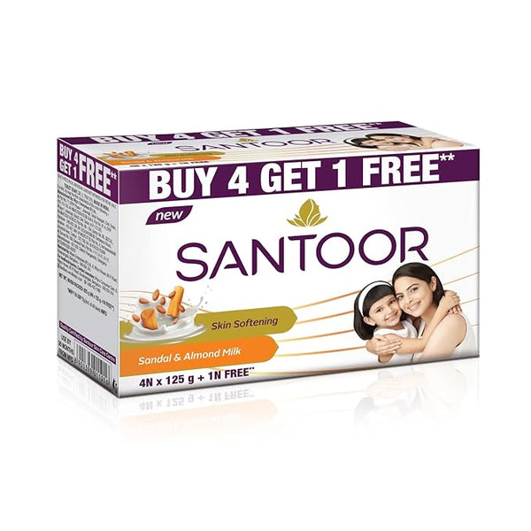 Santoor Sandal and Almond Milk Soap - 125 gms (Buy 4 Get 1 Free)