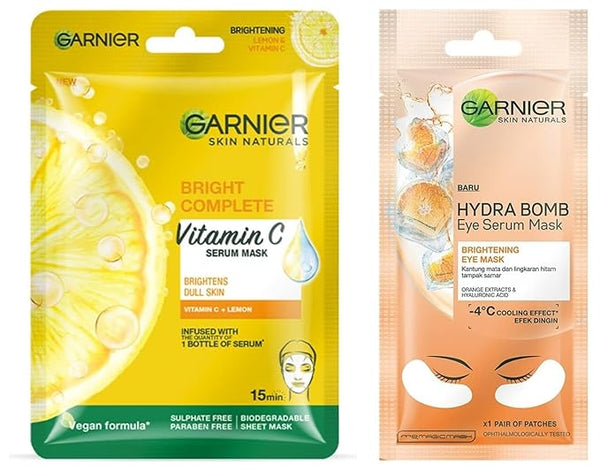 Garnier Skin Naturals Face Serum Sheet Mask (Yellow) - 30 gms & Garnier Hydra Bomb Eye Serum Mask, Orange, 6 gms Combo